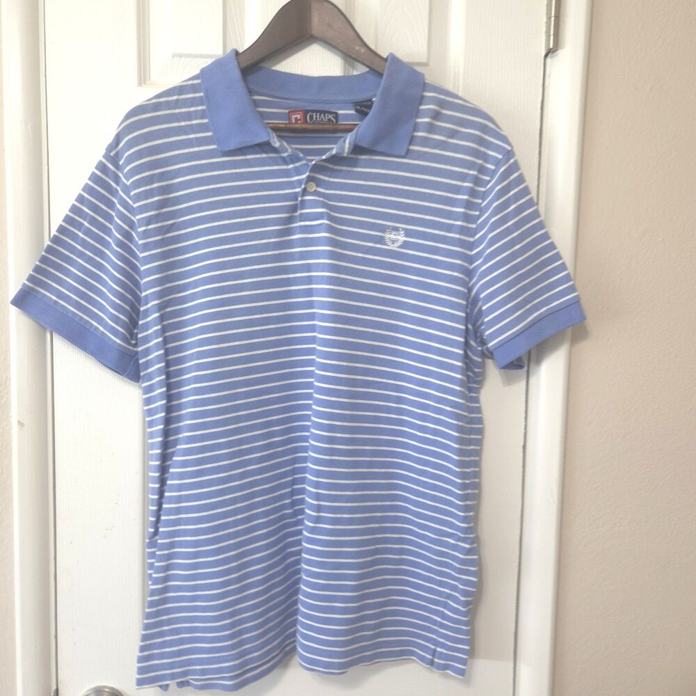 Chaps Blue White Striped Polo Shirt Mens XL 100% Cotton Classic Fit